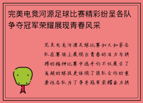 完美电竞河源足球比赛精彩纷呈各队争夺冠军荣耀展现青春风采